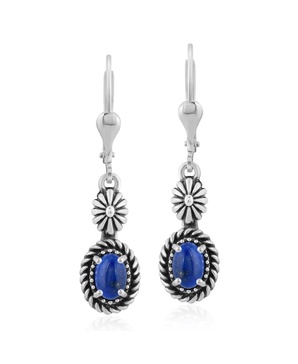 Sterling Silver Lapis Gemstone Floral and Rope Design Dangle Earrings