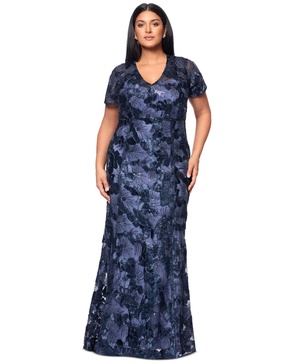 Plus Size Floral Sequin V-Neck Sheath Gown