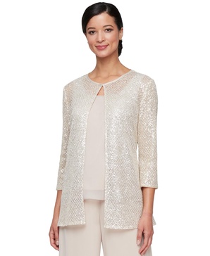Women's Sequined 3/4-Sleeve Jacket & Chiffon Shell Set