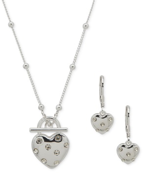 Silver-Tone Crystal Heart Pendant Necklace & Earrings Set