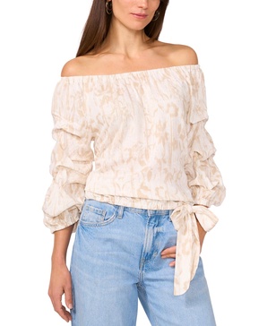 Women's Printed Linen-Blend Off-The-Shoulder Bubble-Sleeve Top