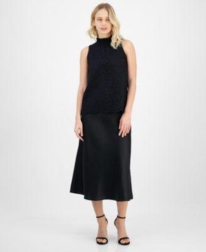 Women's Bow-Back Ruffled-Neck Sleeveless Lace Blouse & Solid Pull-On Flared Midi Skirt