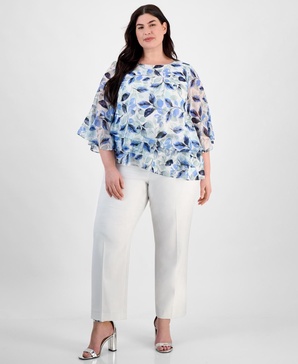 Plus Size Floral Print Tiered Bell-Sleeve Blouse