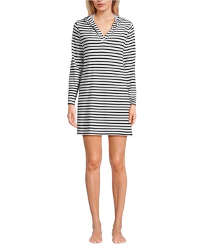 Women's Petite Cotton Jersey Long Sleeve Hooded Swim Cover-up Dress
