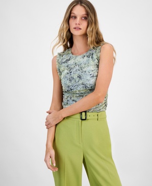 Women's Printed Ruffle-Trim Mesh Sleeveless Top, Exclusively at Macy's 