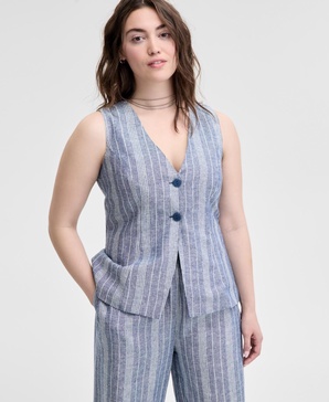 Women's Striped Sleeveless Double-Button Vest, Regular & Petites, Exclusively at Macy's
