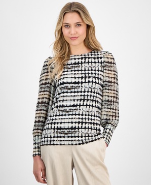 Women's Bishop-Sleeve Printed Bateau-Neck Top