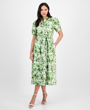 Women's Cotton Puff-Sleeve Belted Shirtdress