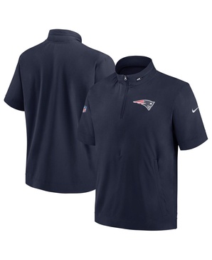 Men's Navy New England Patriots Sideline Coach Short Sleeve Hoodie Quarter-Zip Jacket