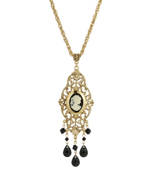 Women's Gold Tone Black Oval Cameo Locket Necklace