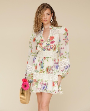 Women's Floral-Print Lace-Trim Chiffon Dress