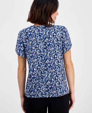 Petite Gathered-Tulip Short-Sleeve Printed Top