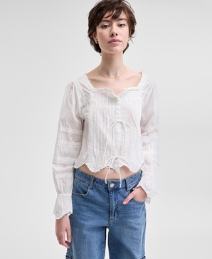 Petite Cotton Pleated Scallop-Hem Blouse, Exclusively at Macy's