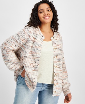 Trendy Plus Size Flecked-Knit Cardigan, Created for Macy's