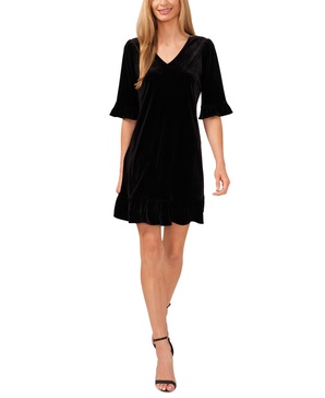 Women's Velvet 3/4-Sleeve Ruffle Trim Shift Dress