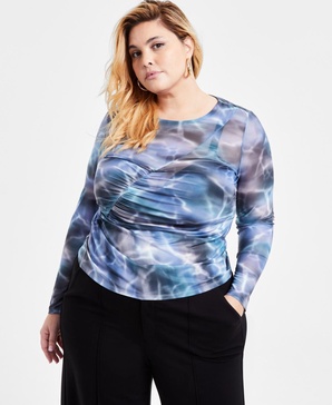 Trendy Plus Printed-Mesh Long-Sleeve Ruched Top, Exclusively at Macy's