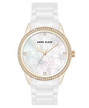 Women's Quartz White Ceramic Bracelet Floral Dial Watch, 34mm