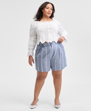 Plus Size Cotton Pleated Scallop-Hem Blouse, Exclusively at Macy's