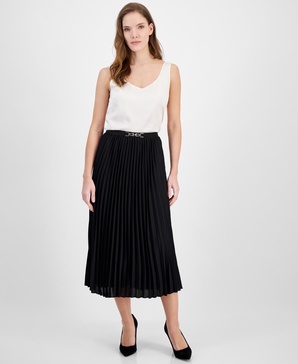 Women's Pleated Pull-On Belted Midi Skirt