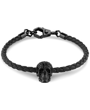 Men's Elite Skull Black Leather Bracelet in Black Ion-Plated Stainless Steel