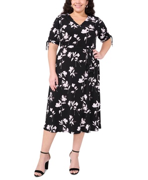 Plus Size Printed V-Neck Tie-Waist Midi Dress