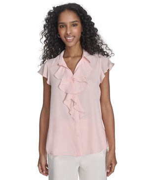 Women's Ruffled Flutter-Sleeve Button-Front Blouse