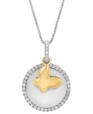 EFFY® Diamond Disc & Butterfly Two Charm 18" Pendant Necklace (1/4 ct. t.w.) in Sterling Silver & Gold-Plate