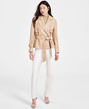Women's Faux-Leather Trench Jacket, Mock Neck  Sweater & Straight-Leg Pants