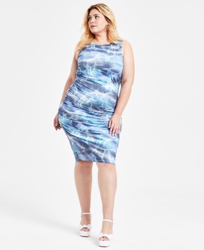Trendy Plus Size Printed-Mesh Side-Ruched Dress, Exclusively at Macy's