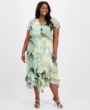 Plus Size Printed Chiffon Fit & Flare Dress 