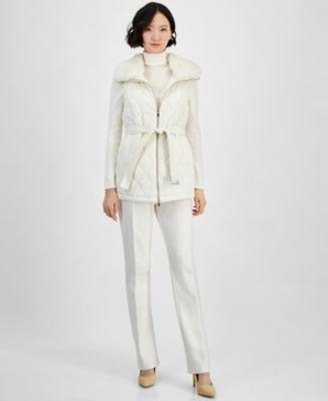 Women's Quilted Faux-Fur Sleeveless Vest, Turtleneck Long-Sleeve Sweater & Flare Leg Compression Pants