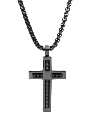 Men's Black IP Stainless Steel Spring Inlay Cross 24" Pendant Necklace