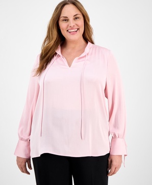 Plus Size Tie-Neck Stand-Collar Blouse