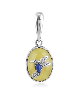 Sterling Silver Yellow Quartz and Lapis Gemstone Hummingbird Pendant Enhancer