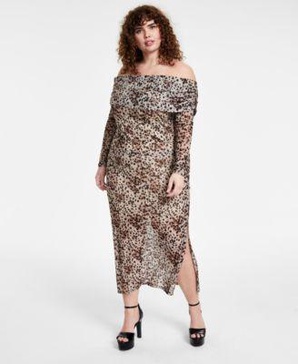 Trendy Plus Size Printed Off-the-Shoulder Mesh Top & Cheetah-Print Mesh Midi Skirt, Created for Macy's	