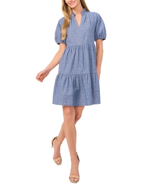 Women's Cotton V-Neck Puff-Sleeve Tiered Dress