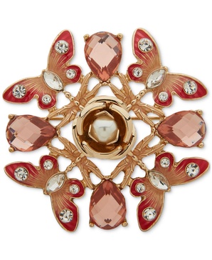 Gold-Tone Crystal & Imitation Pearl Butterfly Flower Pin 