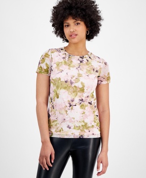 Women's Floral Mesh Crewneck Short-Sleeve Top, Exclusively at Macy's