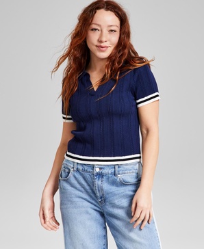 Women's Polo-Collar Short-Sleeve Sweater, Exclusively at Macy's 