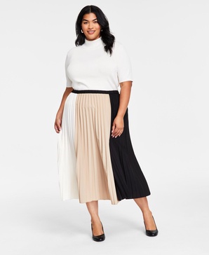 Plus Size Colorblock Pleated Midi Skirt