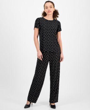 Petite Dot-Print Tulip-Sleeve Top & Wide-Leg Pants