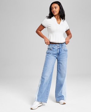 Petite Two-Tone Wide-Leg Double-Waist Jeans, Exclusively at Macy's