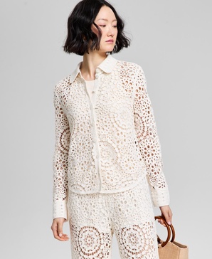 Petite Button-Front Long-Sleeve Crochet Shirt, Exclusively at Macy's 