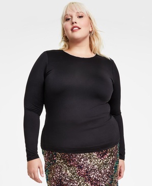 Trendy Plus Size Rhinestone-Trim Long-Sleeve Top, Exclusively at Macy's