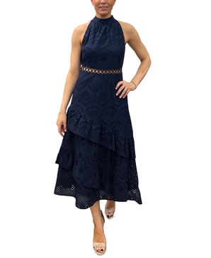 Women's Eyelet High-Neck Sleeveless Tiered Dress