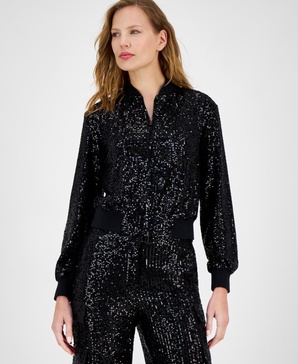 Women's Zip-Front Long-Sleeve Sequin Bomber Jacket