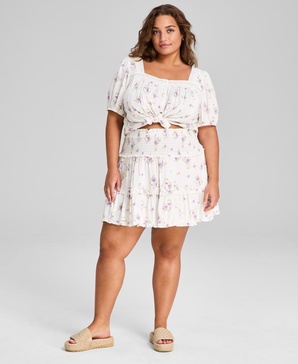 Plus Size Smocked-Waist Floral-Print Mini Skirt, Exclusively at Macy's