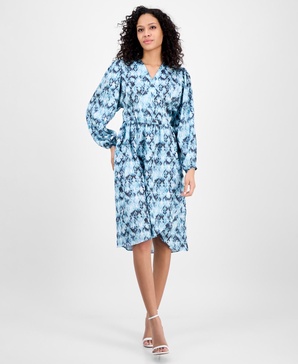 Women's Printed Blouson-Sleeve Midi Dress