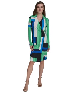 Women's Printed Faux-Wrap Long-Sleeve Sheath Dress