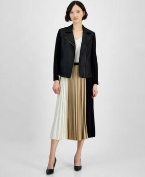 Women's Mixed-Media Asymmetric-Zip Jacket & Colorblocked Pull-On Pleated Skirt
